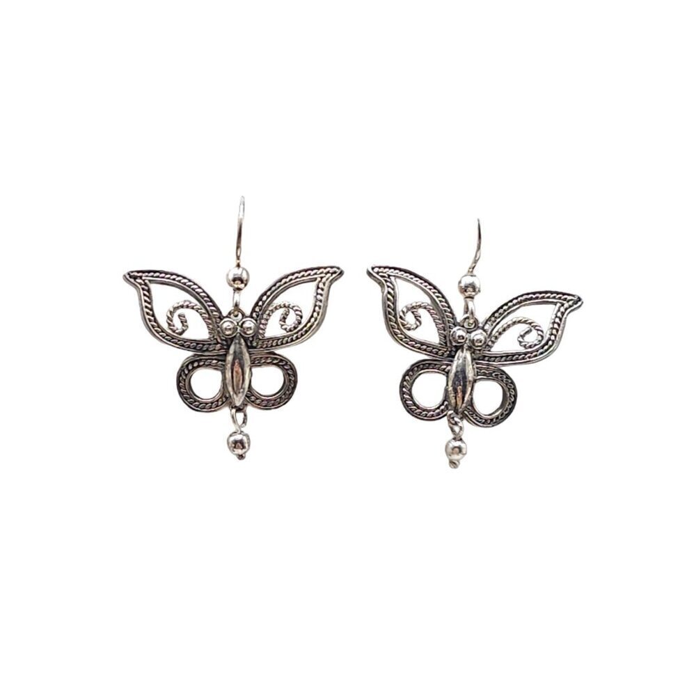 BJ 925 Sterling Silver Filigree Butterfly Moth Insect Dangle Drop Earring VTG